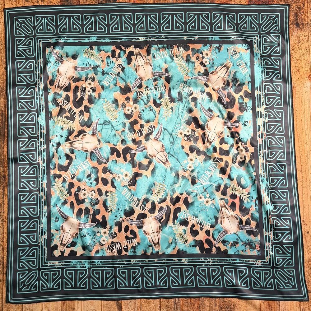 Western Longhorn Print Silky Wild Rag | 36x36 | Black & Turquoise